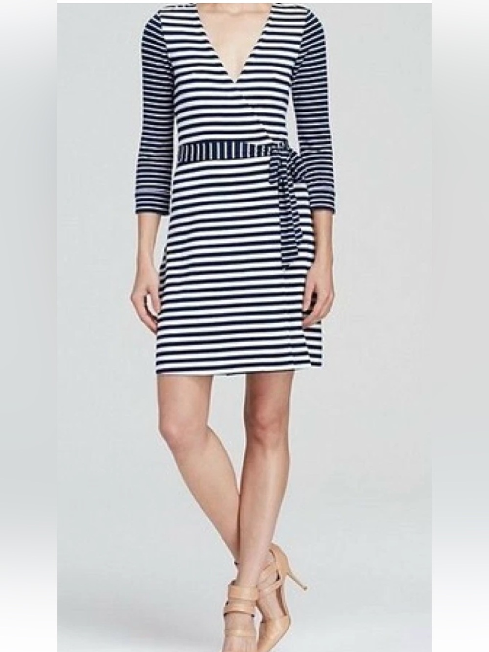 Diane Von Furstenberg Navy and White Striped Wrap-Style Mini Dress Sz 4